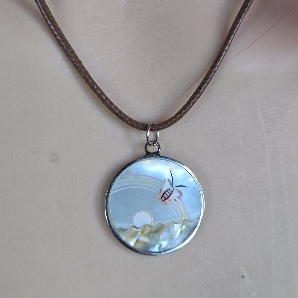 Butterfly Inlay Mother of Pearl Pendant on NEW 18" Brown Cord